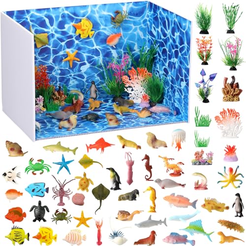 Thenshop 62 Pcs Ocean Diorama Kit Under The Sea Animal Figure Habitat Project Supplies Include Cardboard Diorama Ocean Fish Figure Artificial Seaweed and Coral for Birthday Gifts Party Favors