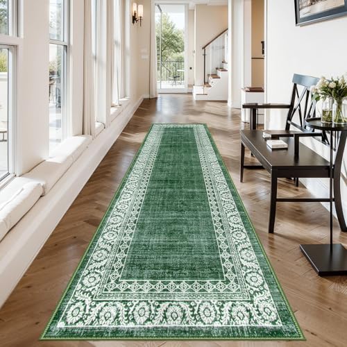 Lahome Green Washable Extra Long Runners for Hallways,2'6"x10'Bathroom Rugs Non Slip Washable Kitchen Rug Runner,Bordered Indoor Throw Carpet Runner for Stairway Entryway Bathroom(2'6"x10',G