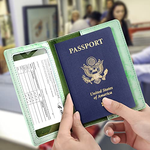 Image of Eoehro Passport and Vaccine Card Holder Combo, Faux Leather, Compact, Lightweight, Waterproof, E-Marble Green