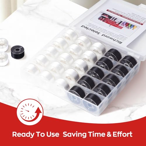 Image of Poolin Prewound Bobbins Richword Selected 25PCS White+Black Size A, Plastic Sided, 70D /2(60WT) Polyester Bobbin Thread for Single Needle Embroidery and Sewing Machine
