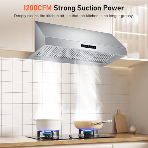 48 Inch Wall Mount Range Hood 1200CFM, 4-Speed Wall Mount Range Hood with Touch Control