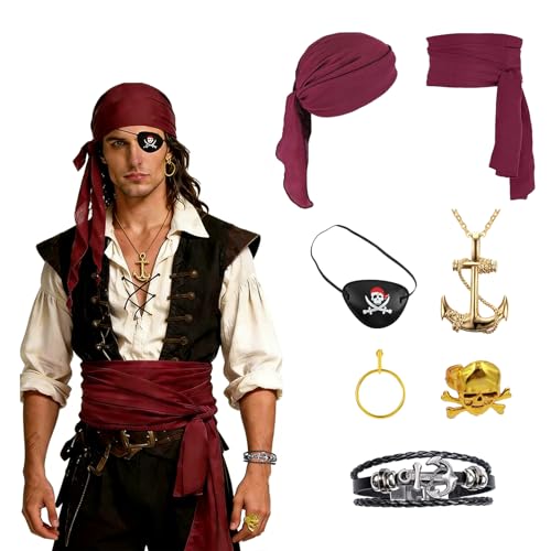 Costume de Pirate Médiéval,Ensemble d'Accessoires De Costume De Pirate 7 Pièces,Déguisement Pirate Unisexe Homme Femme,Accessoires De Cosplay De Pirate pour Fêtes...