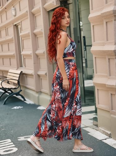 Image of Women Sexy 2 Piece Outfits Dress Chiffon Strap Deep V Neck Bra Crop Top High Split Maxi Dresses Skirt Set