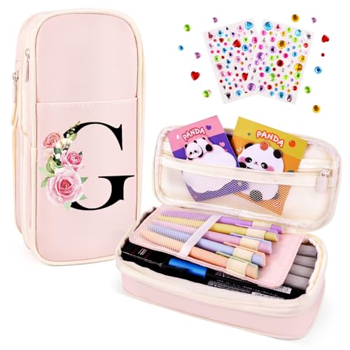 Image of Preppy Pencil Case for Girls, Cute Large Pencil Pouch, Personalized Initial Pencil Bag with Zipper for School College Office Supplies, Back to School Supplies Gifts for Teen Girls (G, Pink)