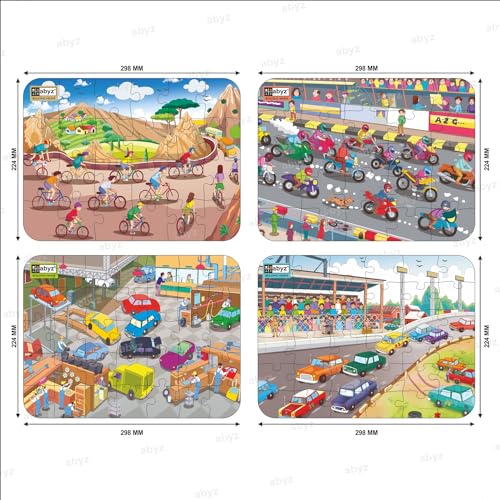 Image of ABYZ Wooden Jigsaw Cycle Racing, Bike Racing, Car Garage, Car Racing Puzzle 120pcs for Kids of Age 3-5 Years, Set of 4