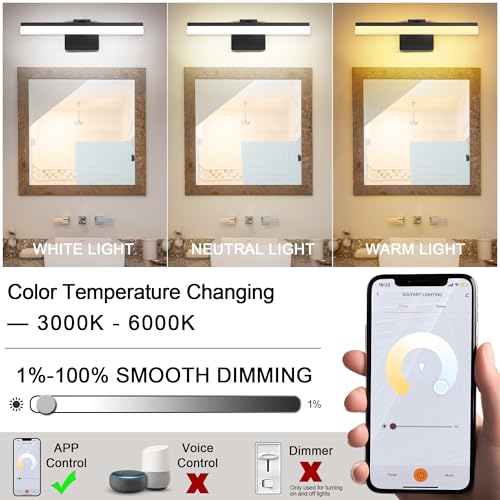 Image of SOLFART 18 Inch Adjustable LED Vanity Lights Bathroom Lights Over Mirror Black Vanity Light Bathroom Light Fixtures Over Mirror APP Control