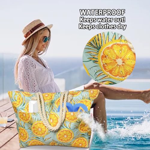 Badetasche Groß mit 7 Taschen 1 Kühltasche, 50L Orange Strandtasche xxl Familie mit Reißverschluss,Schwimmbad Tasche, Faltbar, Sanddicht, Schwimmtasche Damen für Shopping Strandurlaub Picknick