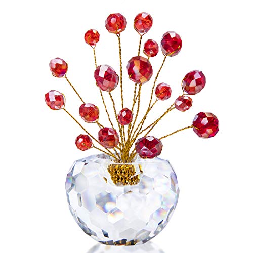 H&D Crystal Money Tree Statue Round Rondelle Beads Souvenir Collection Desktop Paperweight Car Decoration (Red)