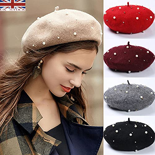 Wool VIHANALY Winter Warm French Ski Cap Pearl Beret Hat Artist Lady Beanie Women Red, Free Size - Image 4 thumbnail