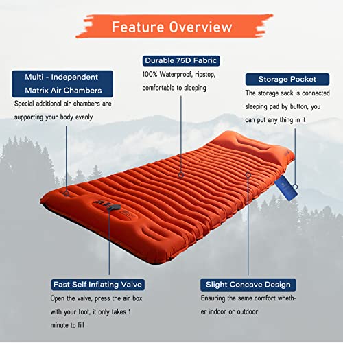 Easthills Outdoors Camping Sleeping Pad - 4.0 Inch Thick Ultralight Camping Mattress - Lightweight Self Inflating Sleeping Pad For Camping, Hiking, Backpacking Orange/Blue #TOP2