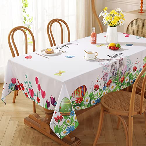 Sastybale Easter Tablecloth For Rectangle Tables, Washable Spring Table Cover Printed With Colorful Easter Eggs And Bunnies For Dinner Table, Party And Easter Decoration (Rectangle,60" X 102") #TOP28