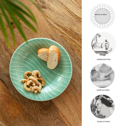 Image of ExclusiveLane 'Caribbean Green' Ceramic Pasta Bowls /Plates (Set of 2, Microwave & Dishwasher Safe) | Hand-Etched Bowl for Serving Bowl /Plates for Kitchen Snacks Serving Bowl Ceramic Serveware