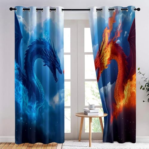 Cortinas Opacas 2 Piezas Dragones Enfrentamiento Cielo Fantasía, Cortinas Salon Cortinas Termicas aislantes Frio y Calor con Ojales para Habitacion Infantil Dormitorio, Azul Anaranjado, 91.5 x 214 cm