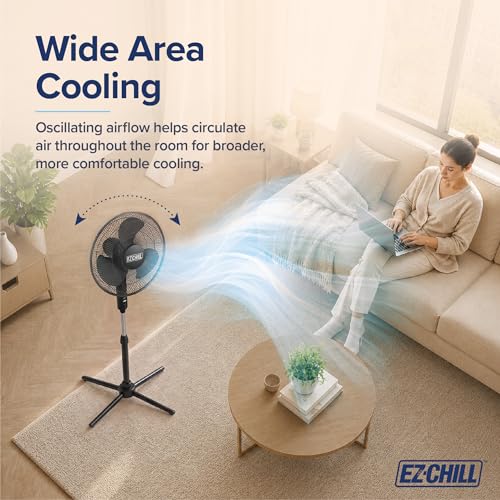 Image of EZ-Chill 16 inch Oscillating Pedestal Fan, 3-speed Options, 90-Degree Oscillating Head, Adjustable Height and Tilt, Powerful Air Flow, Black, MTFS-16B-BLK