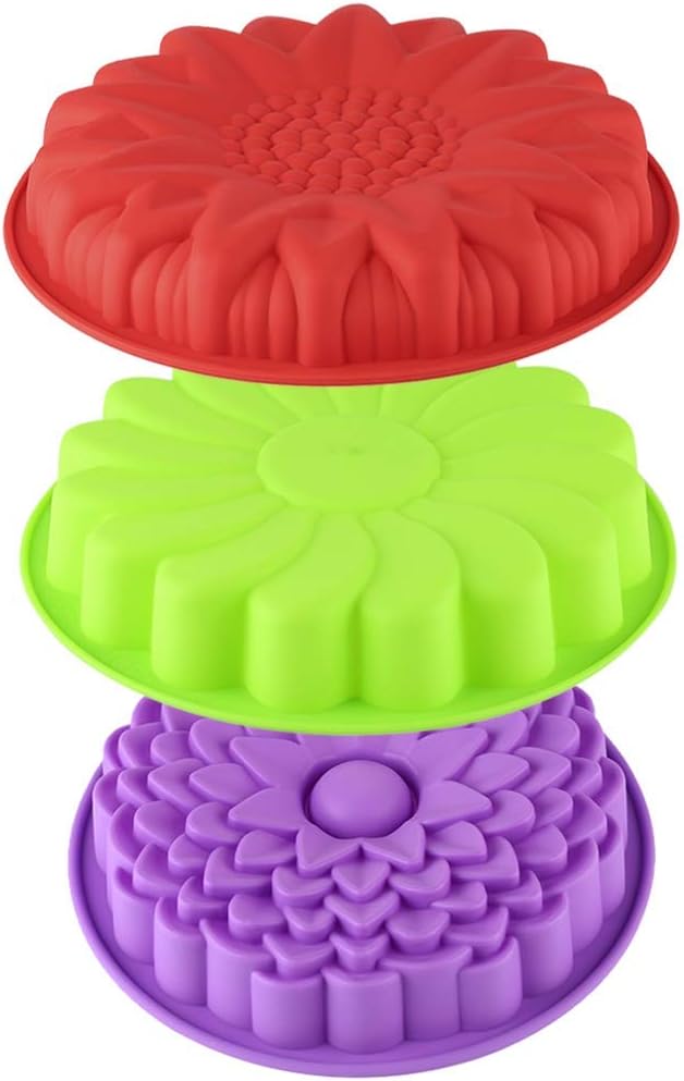 YISUYA 3 Pack Silicone Molds for Cake Bread Pie Flan Tart, Silicone Sun Flower Chrysanthemum Shape Mold Stick Baking Trays for Cooking, Different Size, Red, Purple, Green Color