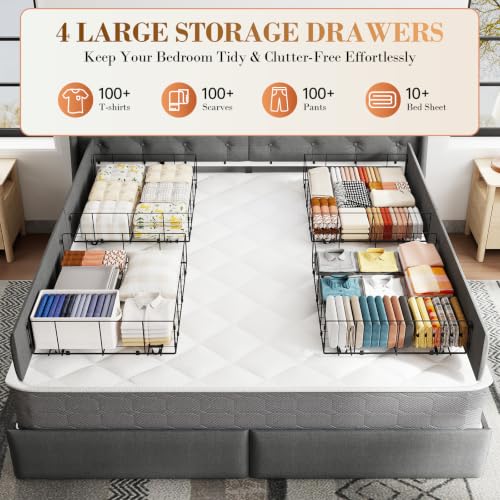 Image of Upholstered King Size Bed Frame with 4 Storage Drawers and LED Lights