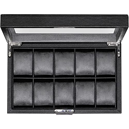 ROTHWELL Caja de reloj de cuero de 10 ranuras, organizador de joyas de lujo, organizador de joyería con bloqueo para reloj con tapa de cristal grande, organizador Cover