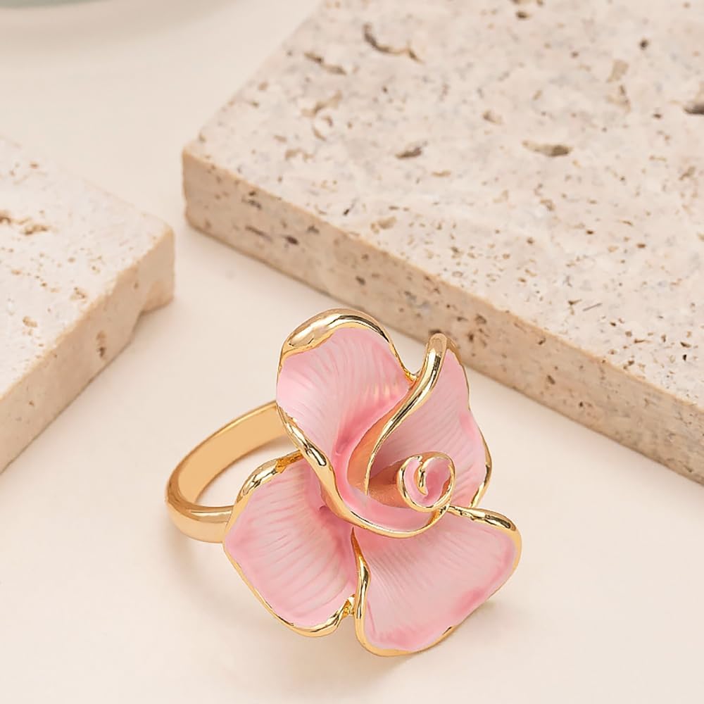Kokoma Elegant Pink Enamel Rose Flower Ring for Women, Adjustable Open Band Floral Statement Wedding Promise Band Ring Fashion Jewelry - Image 3
