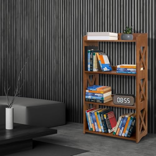 Image of 4 Tier Bookshelf, Wood Bookshelf with Open Shelves, Narrow Bookshelf Freestanding Storage Organizer, 4 Shelf Bookcase Small Bookshelf Display Brown Bookcase for Living Room Bedroom Office