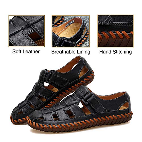 Qiucdzi Mens Sport Sandals Breathable Outdoor Fisherman Shoes Adjustable Closed Toe Summer Leather Loafters Black