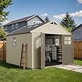 Devoko 10 x 10 FT Plastic Outdoor Storage Shed with Windows, Resin Tools Shed with Floor Large Storage Garden Shed for Patio,Garden, Backyard, Lawn, Beige