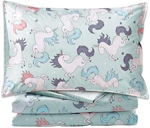 Joyreap 4 Piece Cotton Toddler Bedding Set, Lighr Green Unicorn with Stars Design, Includes Quilted Comforter, Fitted Sheet, Top Sheet, and Pillow Case for Boys n Girls