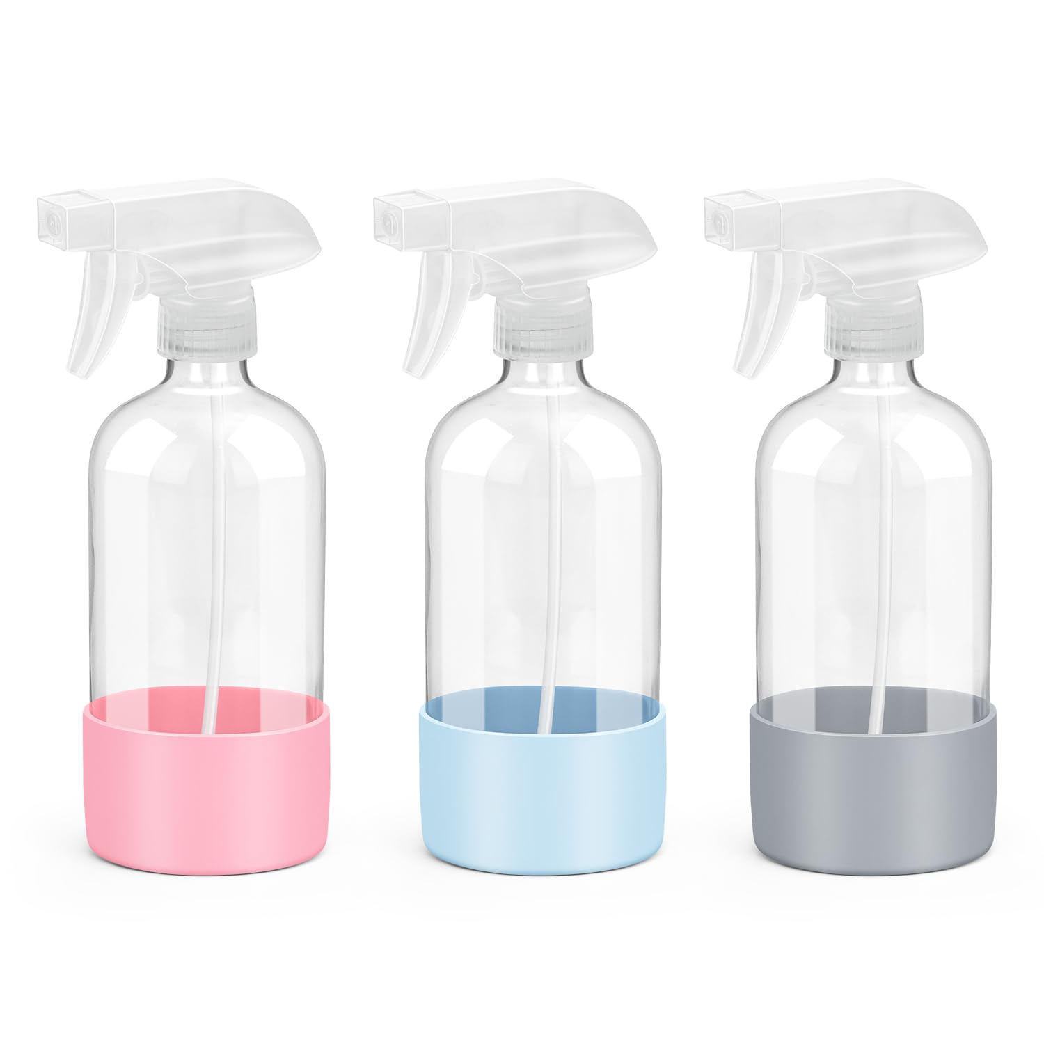 Glass Spray Bottles with Silicone Sleeve Protection, Empty 16 oz Refillable Containers, Reusable Spray Bottles with Adjustable Nozzle for Hair, Cleaning Solutions, 3 Pack Grey&Blue&Pink