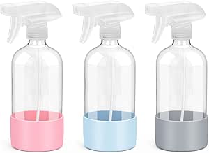 Rionisor Glass Spray Bottles with Silicone Sleeve Protection, Empty 16 oz Refillable Containers, Reusable Spray Bottles with Adjustable Nozzle for Hair, Cleaning Solutions, 3 Pack Grey&amp;Blue&amp;Pink