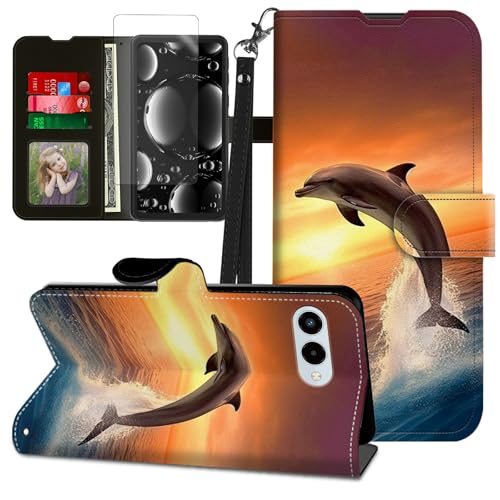BREIDMKFM for Revvl 8 Phone Case with Screen Protector & Kickstand & Card Holder & Wrist Strap Wallet Flip Folio Leather Slim Cute Magnetic Rugged Heavy Duty Protective Cover,Dolphin Sunset
