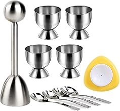 Jawbush 10 Pcs Egg Cups for Soft Boiled Eggs, Egg Cracker Topper Set for Raw Hard Boiled Eggs, 4X Egg Spoons, 4X Egg Cups, 1x Magnet Egg Piercer, 1x Stainless Steel Egg Topper Egg Guillotine