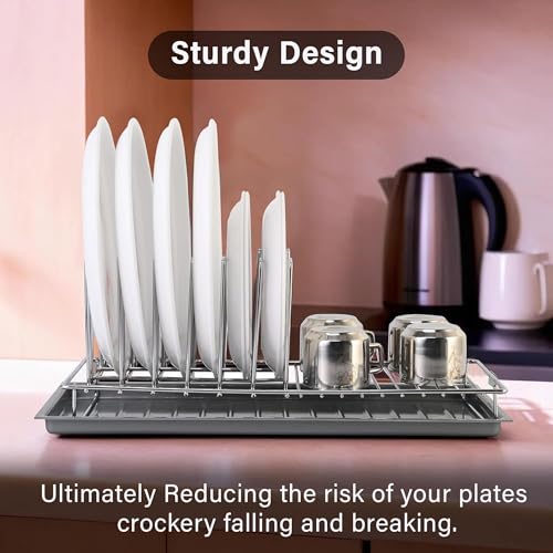 Image of Kuber Industries Stainless Steel Glass & Plate Stand for Kitchen | Crockery Rack Organizer with Draining Tray Included - Silver & Grey