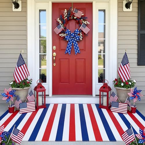 Tinideya 4' x 6' Patriotic Outdoor Rug Plastic Straw Front Doormat Mat Patio Deck Mat Red White and Blue Outdoor Rug Indoor Garden Lawn Balcony Porch Holiday Decor(Striped, Red, Blue and White)