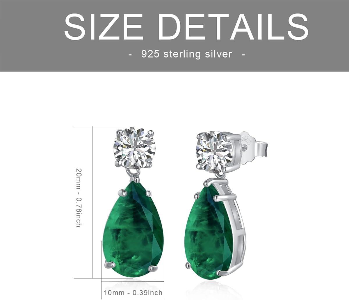 Emerald Earrings for Women Created Emerald Green earrings 18K White Gold Plated Silver Teardrop Pear Shape
