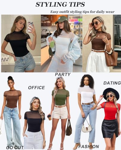 Image of Avidlove Women's Short Sleeve Bodysuit Turtle Neck Body Suits Mesh One Piece Leotard Going Out Tops Date Outfits