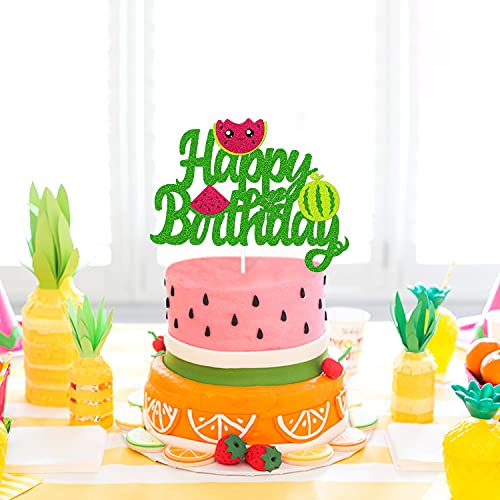 Watermelon Birthday Cake Decoration Summer Fruit Theme Happy Birthday Cake Topper For Kids Boy Girl Bday Party Supplies Sparkle Green Décor #TOP5