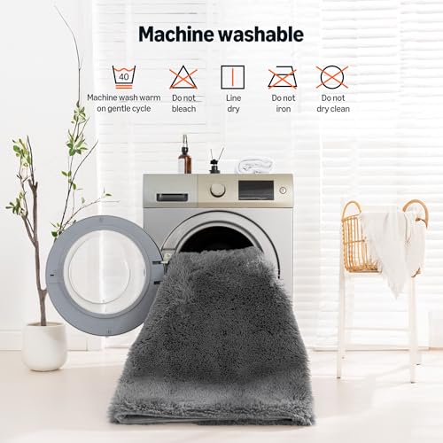 Image of Amazon Basics Fluffy Washable Area Rug, Shaggy Carpet for Living Room, Bedroom, 5' W x 7' L, Gray