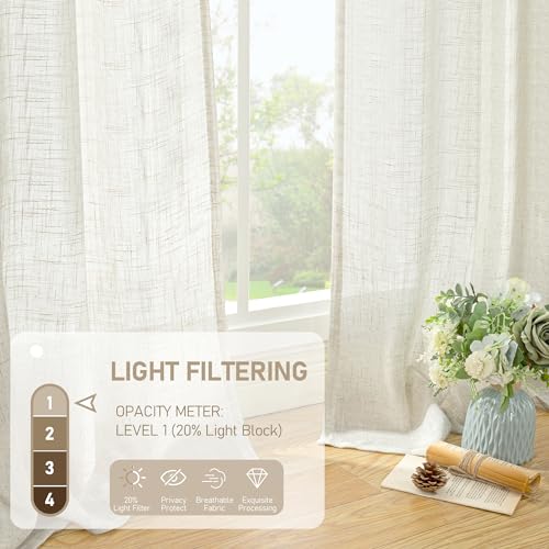 LAMIT Cream Ivory Linen Curtains 95 Inches Long 2 Panels Set for Bedroom, Back Tab and Rod Pocket Linen Textured Natural Curtains Light Filtering Boho Drapes for Living Room/Dining Room, 52 x 95 Inch