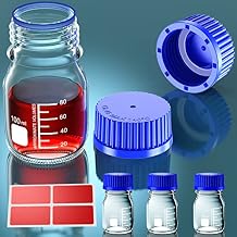GL25 25ml GL32 50ml GL45 100ml 250ml 500ml 1000ml Round Media Storage Bottles Storage Glass Bottles with GL45 Blue Screw Cap,PP Pour Ring and Silicone Gasket,Stickers 100ml 4pcs