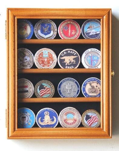 Military Challenge Coin Display Case - Holds 20 Coins, 98% UV Protection, Lockable Cabinet With Wall Mount