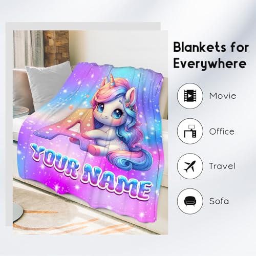 Unicorn Blanket for Kids - Personalized Girls Blankets with Name - Custom Monogram Gift for Children - Soft Flannel Initial Throw for Couch, Bed