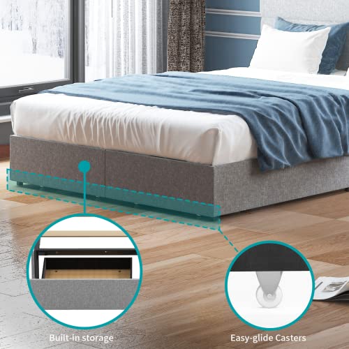 Balus California King Size Bed Frame With Drawers, No Box Spring Needed Bed Frame With Headboard, Upholstered Platform Bed Frame With Large Storage Space For Bedroom Light Grey #TOP3