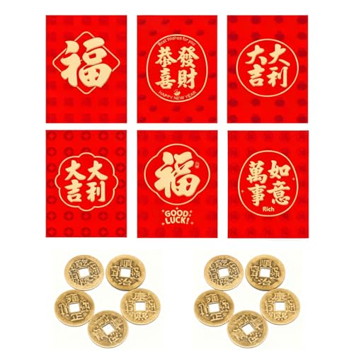 Lot de 36 Enveloppes Rouges Chinoises, 10 Pièces de Monnaie Feng Shui Chinoises Chance, Hong Bao Lucky Money Cash du Nouvel An Chinois 2026,Pour le Nouvel An...