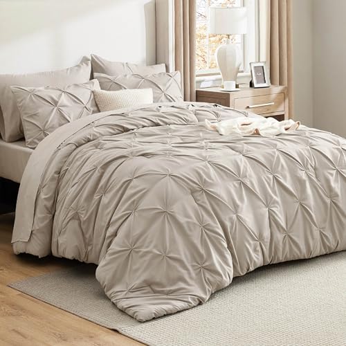 Image of Bedsure Oversized Queen Comforter Set Beige - Bed in a Bag Bedding Set 7 Pieces, GentleSoft Pintuck Bed Set Gift for Family, All Season Down Alternative Comforter with Sheets, Pillowcases & Shams