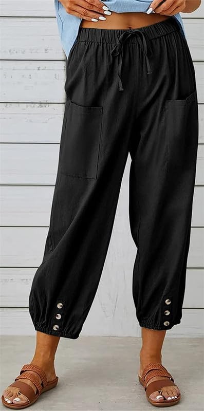 Womens Capri Pants Cotton Linen Cropped Trousers Summer Wide Leg Drawstring High Waist Palazzo Pants with Pockets2