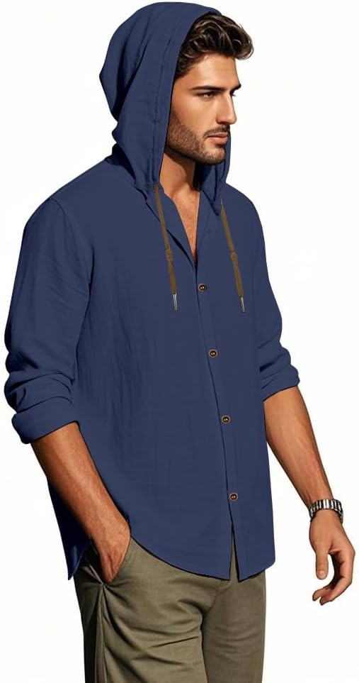 Men Cotton Linen Long Sleeve Button Down Shirt Summer Casual Hawaiian Beach Tops Lightweight Fashion Hoodies - Image 3