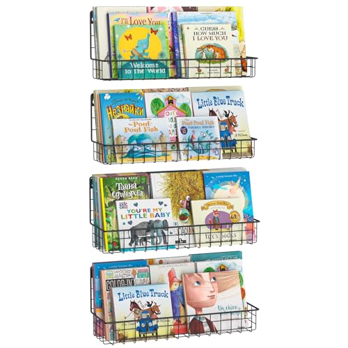 Wall Mounted Metal Kids Bookshelf, Floating Book Shelves for Kids Nursery Toddler Classroom, Hanging Book Shelf Organizer for Room Decor, Black, Set of 4