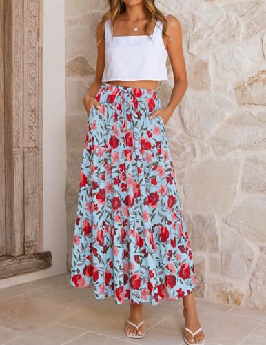 Image of ZESICA Women's 2026 Summer Bohemian Floral Printed Elastic Waist A Line Maxi Skirt with Pockets