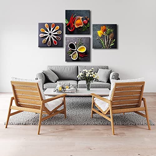 Pyradecor Large 4 Pieces Colorful Spices And Spoon Vintage Canvas Prints Still Life Paintings Pictures Canvas Wall Art For Living Rome Home Kitchen Decorations #TOP1