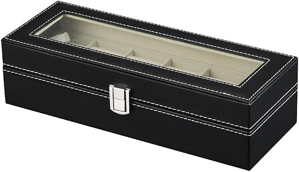 Watch Box Men's Watch Box for 6 Watches with Glass Window Made of PU Leather and Velvet from Watches and Jewellery Storage (Black-W04B)