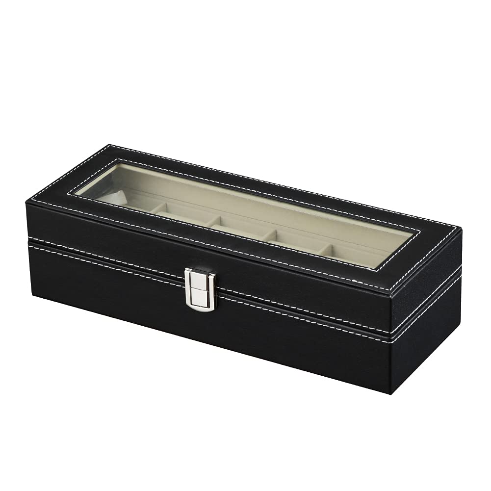Boîte à Montres avec 6 emplacements, Ecrin pour Montres pour 6 Montres, Présentoirmontres avec Couvercle en Verre, Doublure en Velours, 30 x 11,5 x 8 cm (Schwarz-W04B)